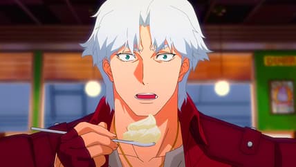 Dante (Johnny Yong Bosch) is interrupted while eating his favorite desert in Devil May Cry Season 1 Episode 3 "The Deep and Savage Way" (2025), Netflix