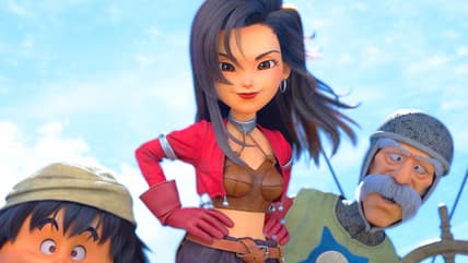 Gabo (Mutsumi Tamura), Aishe (Asami Imai), and Melvin (Shigeru Chiba) check in on The Hero (Kouki Osuzu) in Dragon Quest VII Reimagined (2026), Square Enix