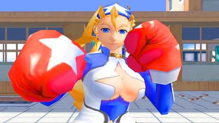 Tiffany Lords (Miki Narahashi) saves Hinata (Tomoe Hanba) stands victorious over Kurow (Bin Shimada) in Project Justice: Rival Schools 2 (2000), Capcom