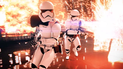 First Order Stormtroopers run through explosions in Star Wars Battlefront II (2017), Electronic Arts