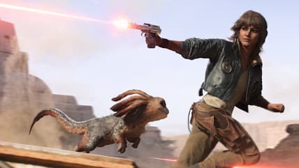 Kay Vess (Humberly González) and Nix flee in Star Wars Outlaws (2024), Ubisoft