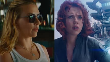 Zora Bennet (Scarlett Johansson) recruiting Duncan Kincaid (Mahershala Ali) in Jurassic World Rebirth, 2025, Universal Pictures: Black Widow (Scarlett Johansson) prepares to disable the Chitarui's portal generator in The Avengers (2012), Marvel Entertainment via Blu-ray