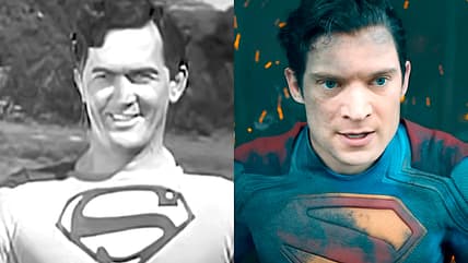 Bullets are no match for The Man of Steel (Kirk Alyn) in Superman Chapter 05 "A Job for Superman!"(1948), Columbia Pictures / Superman (David Corenswet) tanks a laser blast to the face from the Hammer of Boravia (TBA) in Superman (2025), DC Studios