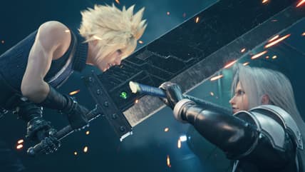 Cloud Strife (Takahiro Sakurai) and Sephiroth (Toshiyuki Morikawa) clash in Final Fantasy VII Remake (2021), Square Enix