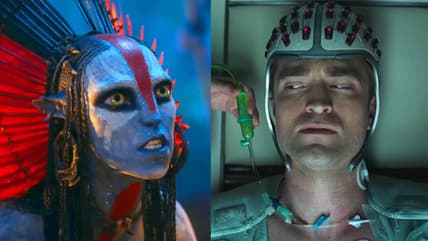 Varang (Oona Chaplin_ attempts to manipulate Spider (Jack Champion) to fight for the Mangkwan in Avatar: Fire and Ash (2025), 20th Century Studios: Mickey (Robert Pattinson) wears his special helmet for his shots in Mickey 17 (2025), Warner Bros. Pictures