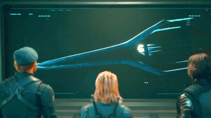John (Wyatt Russell), Yelena (Florence Pugh), and Bucky bear witness to the arrival of the Fantastic Four in Thunderbolts (2025), Marvel Entertainment