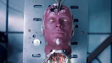 The Scarlet Witch (Elizabeth Olsen) discovers the Vision's (Paul Bettany) dismembered body is in S.W.O.R.D. custody in WandaVision Season 1 Episode 9 "The Series Finale" (2021), Marvel Entertainment