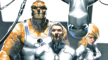 The Thing, Mr. Fantastic, Spider-Man, and The Invisible Woman assemble as the Future Foundation on Gabriele Dell'Otto's variant cover to FF Vol. 1 #12 "All Hope Lies in Doom, Part 1: Too Many Kids" (2011), Marvel Comics. Words by Jonathan Hickman, art by Juan Bobillo, Marcelo Sosa, Chris Sotomayor, and Clayton Cowles.