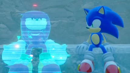 Sonic (Roger Craig Smith) has some words of encouragement for Knuckles (Dave B Mitchell) in Sonic Frontiers (2022), SEGA