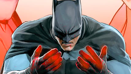 The Caped Crusader confronts his role in Gotham's cycle of violence on Mikel Janín's cover to Batman Vol. 3 #32 "The War of Jokes & Riddles, Conclusion" (2017), DC