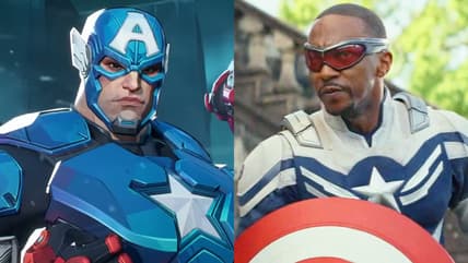 Captain America (Brian Bloom) assembles The Avengers in Marvel Rivals (2024), NetEase / Sam Wilson (Anthony Mackie) lands ahead of his own sonic boom in Captain America: Brave New World (2025), Marvel Entertainment