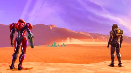 Samus Aran (Erin Yvette) and Tokabi (Kalani Queypo) wax poetic about Viewros' desert surface in Metroid Prime 4 (2025), Nintendo