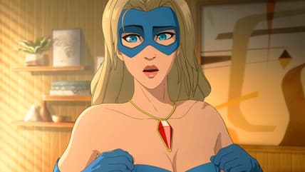 Blonde Blazer (Erin Yvette) needs Mecha Man's (Aaron Paul) help ahead of an upcoming Superhero Dispatch Network gala in Dispatch (2025), AdHoc Studios