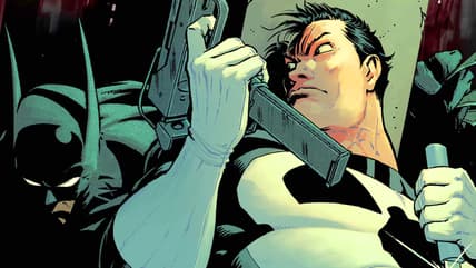 The Punisher finds himself cornered by the Absolute Batman on Nick Dragotta's variant cover to Batman/Deadpool Vol. 1 #1 (2025), DC/Marvel Comics