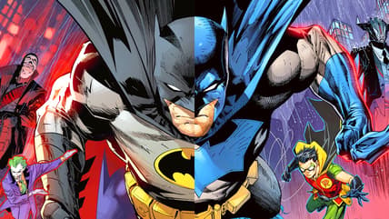 The Dark Knight flies into action on Jorge Jiménez (L), Jim Lee (R), Scott Williams, and Tomeu Morey's variant cover to Batman Vol. 4 #1 (2025), DC