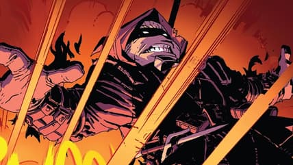 Michelangelo does his own 'Turtle Rocket Jump' in Teenage Mutant Ninja Turtles: The Last Ronin Vol. 1 #1 Wish for Death" (2020), IDW Comics. Words by Kevin Eastman, Peter Laird, and Tom Waltz, art by Esau Escorza, Isaac Escorza, Luis Antonio Delgado, and Samuel Plata.