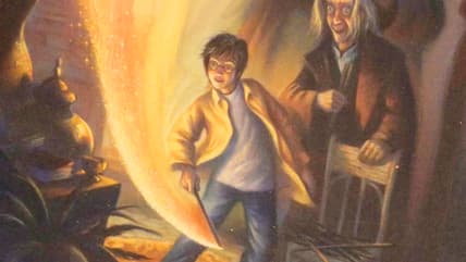 Harry Potter prepares to end the threat of Voldemort once and for all on Mary GrandPré's cover to the Scholastic School Edition of Harry Potter and the Sorcerer's Stone (1997), Scholastic