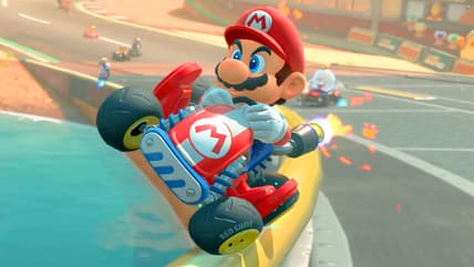 Mario (Kevin Z. Afghani) grinds a rail in Mario Kart World (2025), Nintendo
