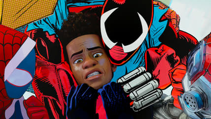 Ben Reilly (Andy Samberg) tries to stop Miles Morales (Shamiek Moore) from returning to his home Earth in Spider-Man: Across The Spider-Verse (2023), Sony Animation