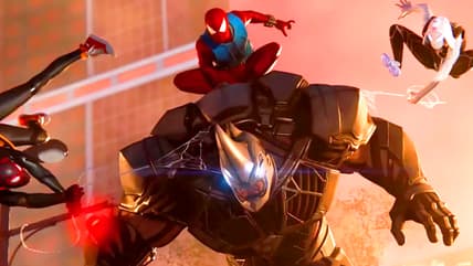 Miles Morales (Nadji Anthony Jeter), Ben Reilly (N/A), and Gwen Stacy (N/A) take down the Rhino (N/A) in Spider-Man: Great Web (Cancelled), Insomniac Games
