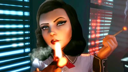 Elizabeth (Courtnee Draper) bums a light from Booker DeWitt (Troy Baker) in BioShock: Burial at Sea - Episode 1 (2013), Irrational Games
