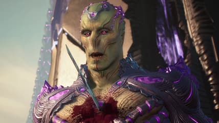 Brainiac (Jason Isaacs) meets his end at Deathstoke's (TBA) blade in Suicide Squad: Kill the Justice League (2024), Rocksteady Studios