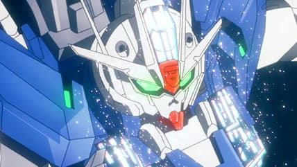 Eri (Kana Ichinose) pushes the Aerial Gundam Rebuild to block the ILTS in Mobile Suit Gundam: The Witch from Mercury Episode 23 "Unrelenting Tenderness" (2023), Bandai Namco Filmworks