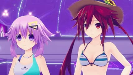 Neptune (Rie Tanaka) and Uzume (Mariko Honda) prepare to ride in Neptunia Riders Vs Dogoos (2024), Compile Heart/Idea Factory