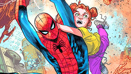 Peter swings May-Day away from Sandman on Ultimate Spider-Man Vol. 3 #15 (2025), Marvel Comics cover
