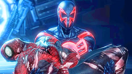 Miguel O'Hara (Christopher Daniel Barnes) carries Peter Parker (Josh Keaton) in Spider-Man: Edge of