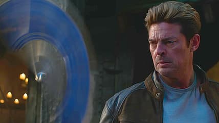 Johnny Cage (Karl Urban) is dumbstruck by Kitana's (Adeline Rudolph) fan blades in Mortal Kombat II