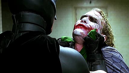 Batman (Christian Bale) doesn't clown around with Joker (Heath Ledger), The Dark Knight (2008)