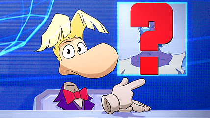 Rayman alerts Eden citizens to Captain Laserhawk's wanted status in Captain Laserhawk (2023)