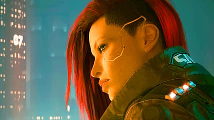V (Cherami Leigh) chats with Johnny (Keanu Reeves) on a rooftop in Cyberpunk 2077 (2020), CD