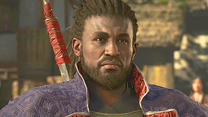 Yasuke (Tongayi Chirisa) and Naoe (Masumi Tsunoda) confront Akechi Mitsuhide in Assassin's Creed