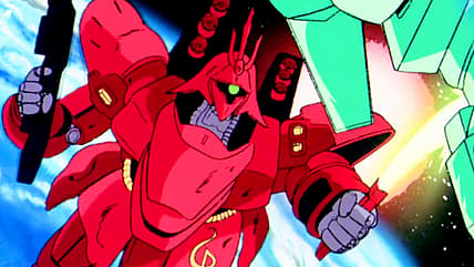 Char (Shuichi Ikeda) cuts through an enemy mobile suit in Mobile Suit Gundam: Char's Counterattack