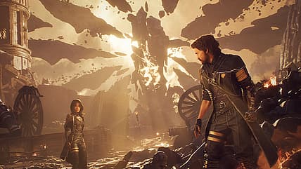Gustave and Lune stand before the monolith in Clair Obscur: Expedition 33 (2025), Kepler Interactive