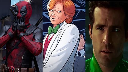 Ryan Reynolds as Deadpool confronts Sinestro in Deadpool & Wolverine (2024) and Green Lantern (2011)