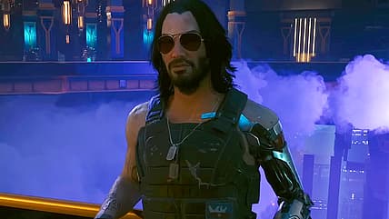 Johnny (Keanu Reeves) is impressed by Kurt Hansen's (Eliah Moutjoy) party in Cyberpunk 2077
