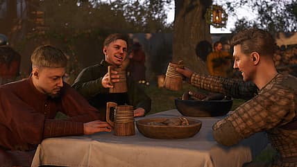 Henry (Tom McKay) and friends drink and make merry in Kingdom Come: Deliverance II (2025), Deep