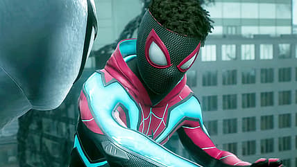 Miles shows off his first original suit to Peter in Marvel's Spider-Man 2, Insomniac Games