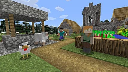 Steve and Alex skins explore a village with farm and animals in Minecraft (2011), Mojang Studios