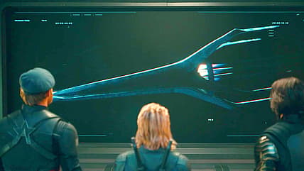 John (Wyatt Russell), Yelena (Florence Pugh), and Bucky witness the Fantastic Four's arrival in