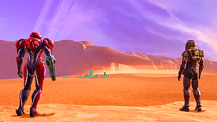 Samus Aran and Tokabi discuss Viewros' desert in Metroid Prime 4 (2025), Nintendo