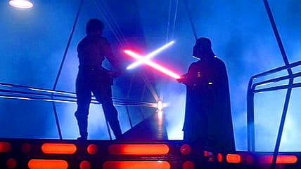 Luke Skywalker duels Darth Vader in Star Wars Episode V: The Empire Strikes Back (1980), Lucasfilm
