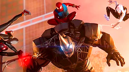 Miles, Ben Reilly, and Gwen Stacy take down Rhino in Spider-Man: Great Web, Insomniac Games