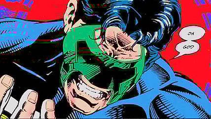 Kyle Rayner gasps in shock upon discovering the corpse of his girlfriend Alex DeWitt in Green Lantern Vol. 3 #54 "Forced Entry" (1994), DC. Words by Ron Marz, art by Steve Carr, Derec Donovan, Darryl Banks, Romeo Tanghal, Steve Mattson, and Albert DeGuzman.