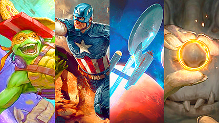 Michaelangelo grabs some grub via Michelangelo, the Heart (Card #005), Magic: The Gathering - Teenage Mutant Ninja Turtles Eternal (2026), Wizards of the Coast. Art by Néstor Ossandón Leal. Steve Rogers knocks out a Hydra goon via Captain America, Super-Solider (Card #TBA), Magic: The Gathering - Marvel Super Heroes (2026), Wizards of the Coast. Art by Anna Podedworna. Captain Kirk and his crew blast off via Starship Enterprise (Card #TBA), Magic: The Gathering - Star Trek (2026), Wizards of the Coast. Art by Dofresh. Smeagol faces The One Ring's temptation via My Precious (Card #TBA) Magic: The Gathering – The Hobbit (2026), Wizards of the Coast. Art by Valera Lutfullina.