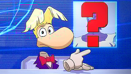 Rayman (David Menkin) alerts the citizens of Eden to Captain Laserhawk's (Nathaniel Curtis) wanted status in Captain Laserhawk: A Blood Dragon Remix Season 1 Episode 6 (2023), Netflix