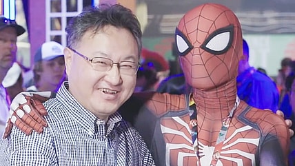 Shuhei Yoshida poses with a Spider-Man cosplayer at E3 2018, PlayStation Studios